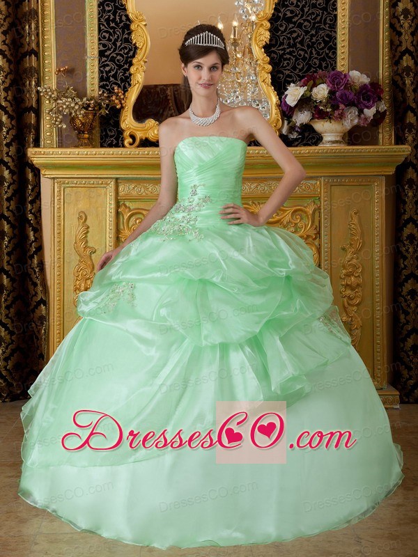 Apple Green Ball Gown Strapless Long Organza Beading Ruching Quinceanera Dress