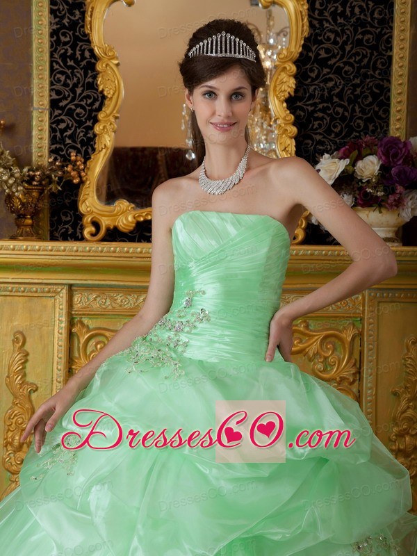 Apple Green Ball Gown Strapless Long Organza Beading Ruching Quinceanera Dress