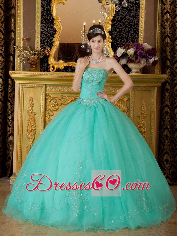 Turquoise Ball Gown Strapless Long Organza Beading Quinceanera Dress