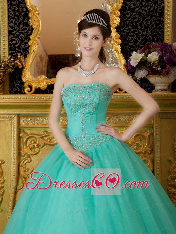 Turquoise Ball Gown Strapless Long Organza Beading Quinceanera Dress