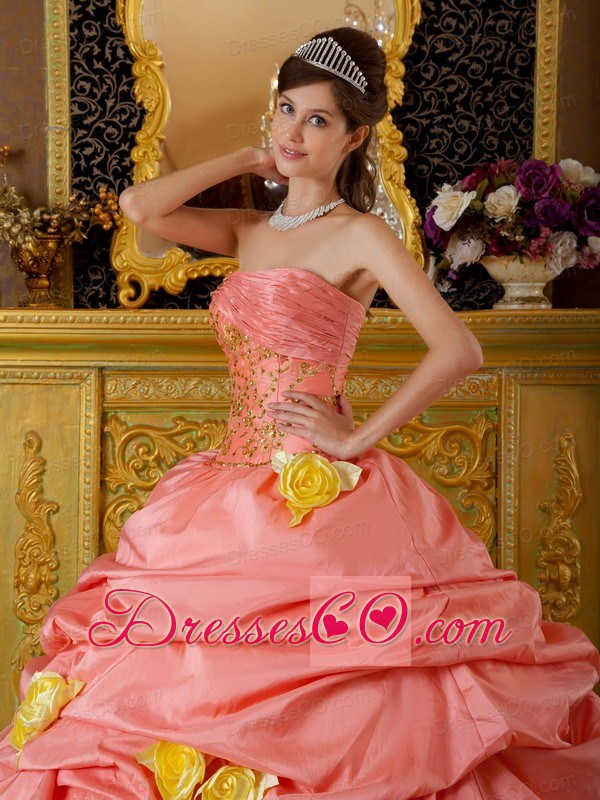 Watermelon And Yellow Ball Gown Strapless Long Taffeta And Tulle Beading Quinceanera Dress