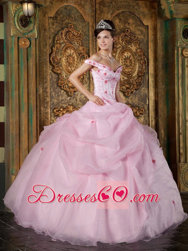Pink Ball Gown Off The Shoulder Long Organza Appliques Quinceanera Dress