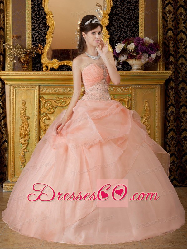 Pink Ball Gown Strapless Long Organza Beading Quinceanera Dress