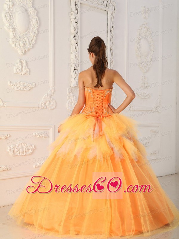 Orange A-line / Princess Long Satin And Tulle Beading Quinceanera Dress