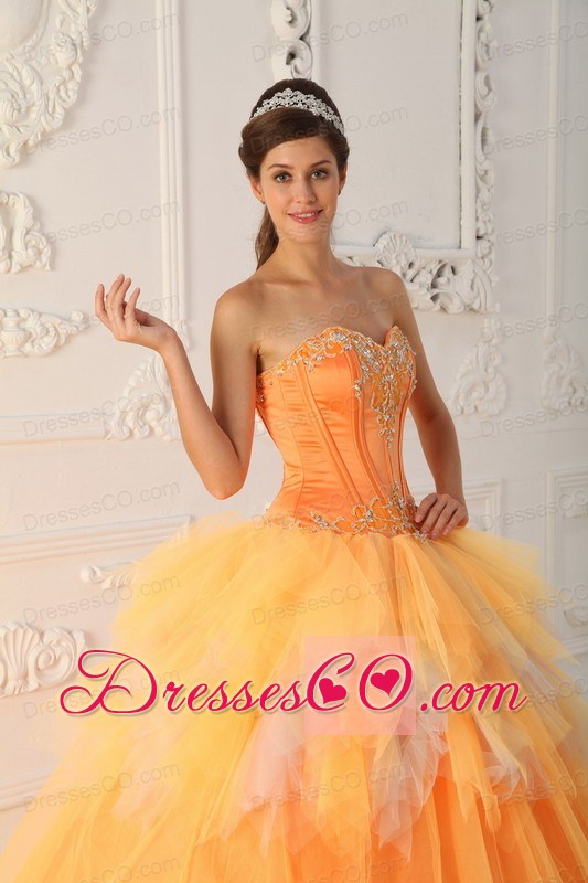 Orange A-line / Princess Long Satin And Tulle Beading Quinceanera Dress