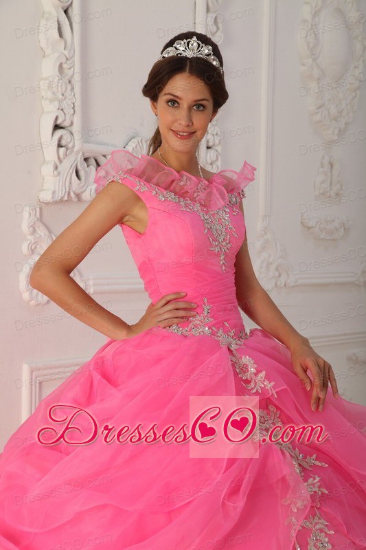 Pink Ball Gown V-neck Long Taffeta And Organza Appliques With Beading Quinceanera Dress