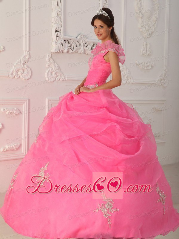 Pink Ball Gown V-neck Long Taffeta And Organza Appliques With Beading Quinceanera Dress