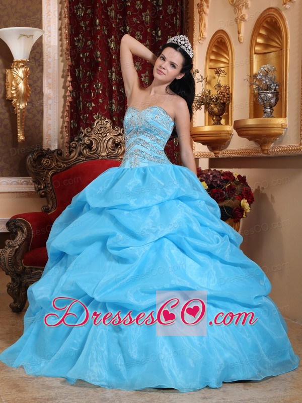 Aqua Blue Ball Gown Long Organza Beading Quinceanera Dress