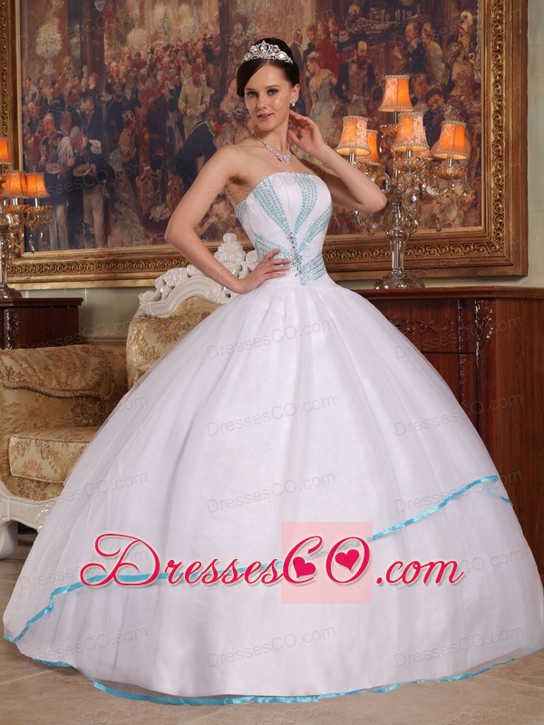 White Ball Gown Strapless Long Organza Beading Quinceanera Dress