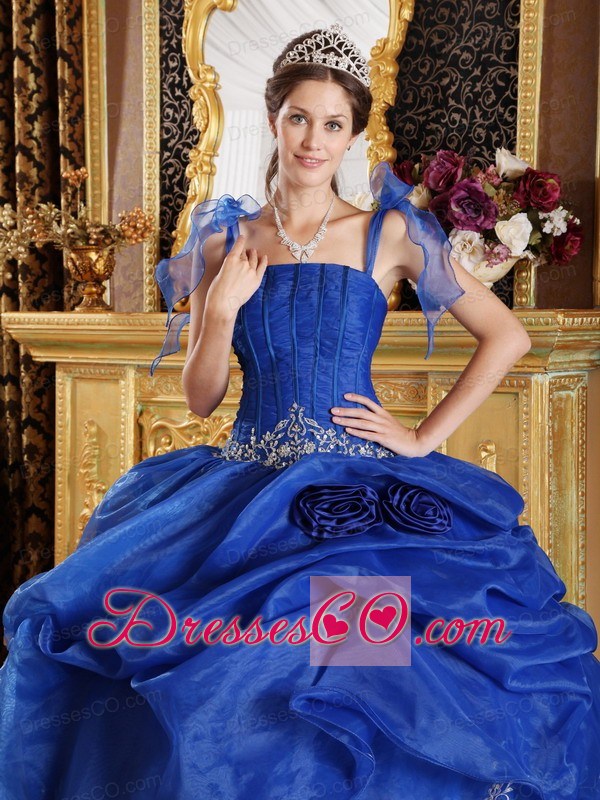Blue Ball Gown Spaghetti Straps Long Organza Appliques Quinceanera Dress