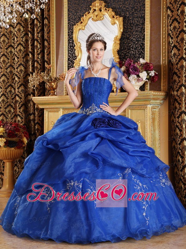 Blue Ball Gown Spaghetti Straps Long Organza Appliques Quinceanera Dress