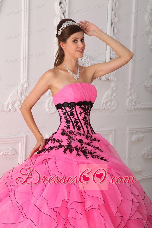 Sweet Ball Gown Strapless Long Appliques And Ruffles Rose Pink Quinceanera Dress