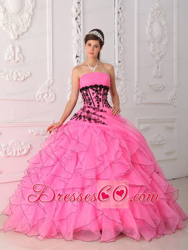 Sweet Ball Gown Strapless Long Appliques And Ruffles Rose Pink Quinceanera Dress