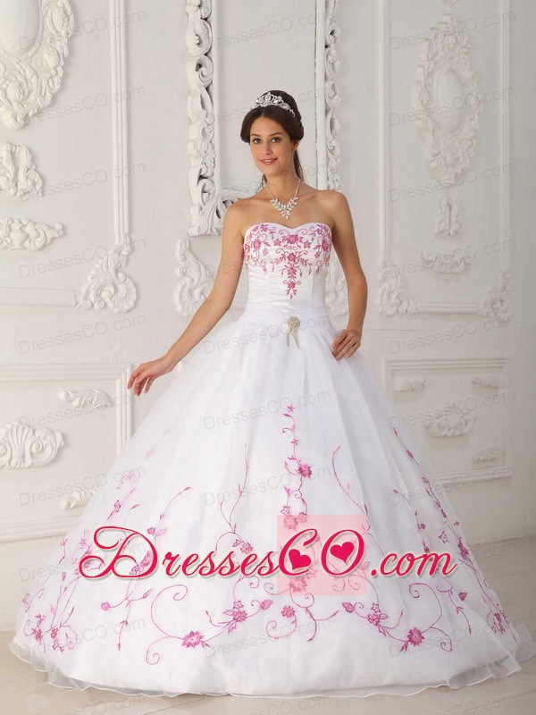 White Ball Gown Long Satin And Organza Embroidery Quinceanera Dress