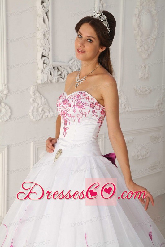 White Ball Gown Long Satin And Organza Embroidery Quinceanera Dress