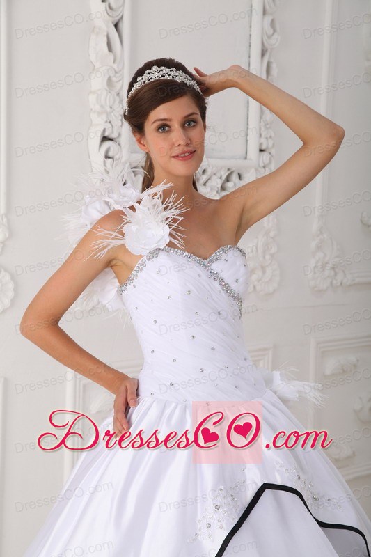 White Ball Gown One Shoulder Neck Long Taffeta And Organza Beading Quinceanera Dress