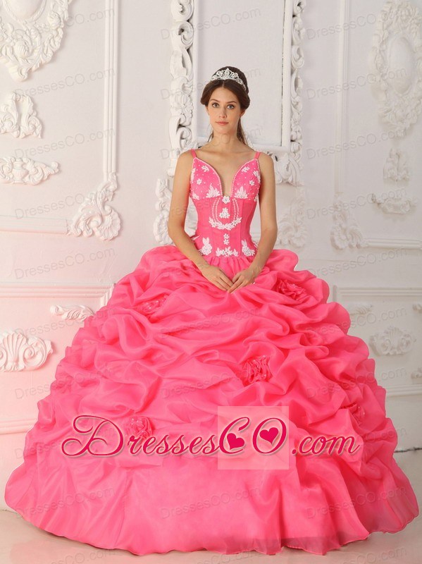 Hot Pink Ball Gown Straps Long Satin And Organza Appliques Quinceanera Dress