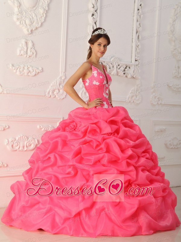 Hot Pink Ball Gown Straps Long Satin And Organza Appliques Quinceanera Dress