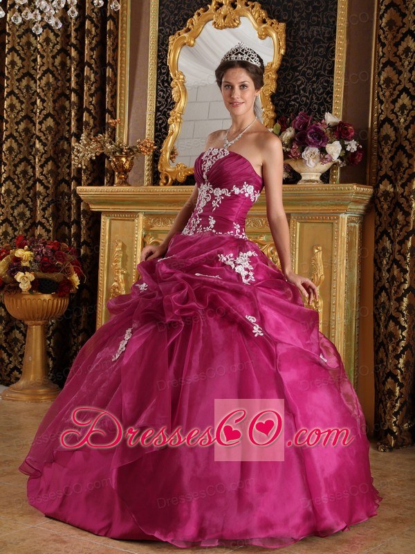 Fuchsia Ball Gown Strapless Long Organza And Satin Appliques Quinceanera Dress