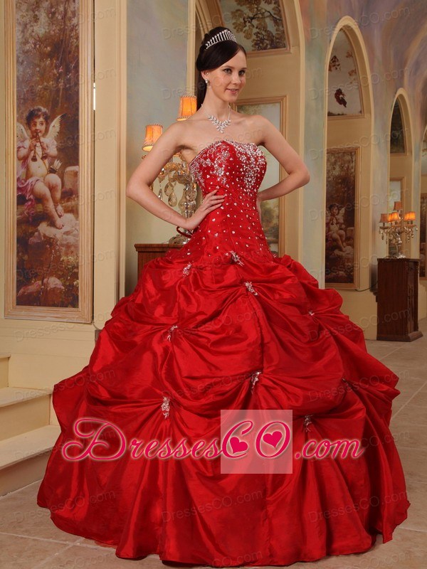 Red Ball Gown Strapless Long Taffeta Beading And Embroidery Quinceanera Dress