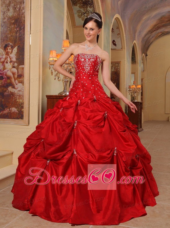 Red Ball Gown Strapless Long Taffeta Beading And Embroidery Quinceanera Dress