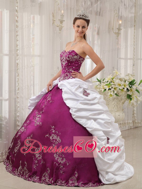 Purple And White Ball Gown Long Satin And Taffeta Embroidery Quinceanera Dress