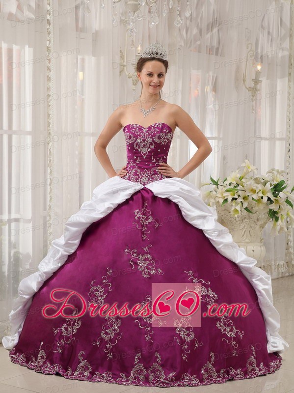 Purple And White Ball Gown Long Satin And Taffeta Embroidery Quinceanera Dress