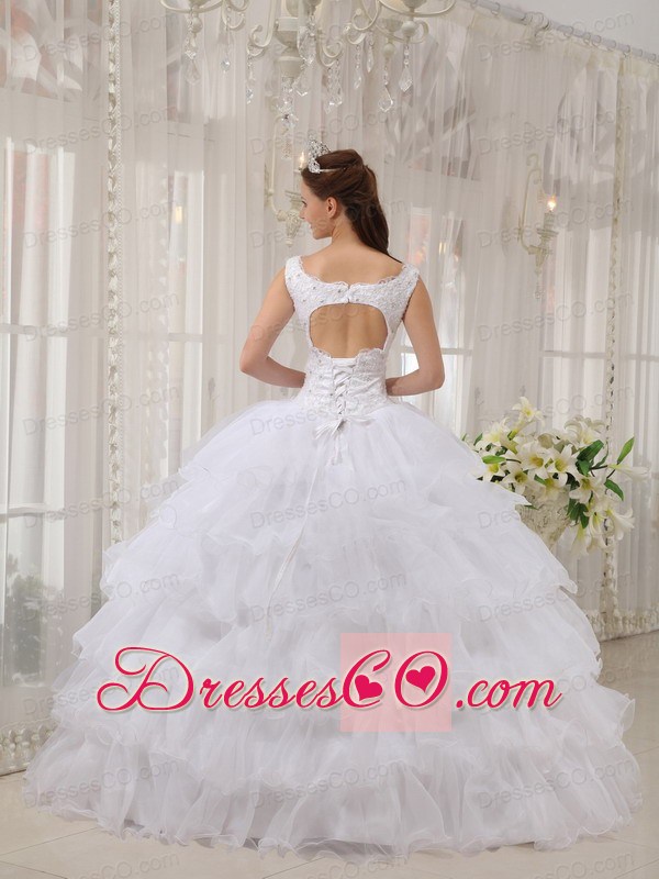 White Ball Gown Scoop Long Satin And Organza Appliques Quinceanera Dress