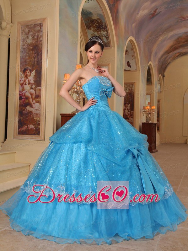 Blue Ball Gown Strapless Long Bows Sequins And Organza Quinceanera Dress