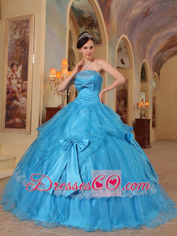 Blue Ball Gown Strapless Long Bows Sequins And Organza Quinceanera Dress