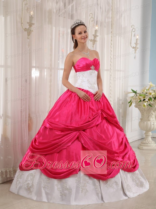 Coral Red And White Ball Gown Long Taffeta Appliques Quinceanera Dress