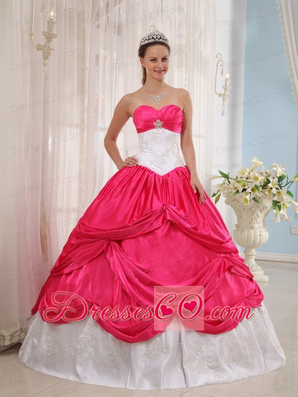Coral Red And White Ball Gown Long Taffeta Appliques Quinceanera Dress
