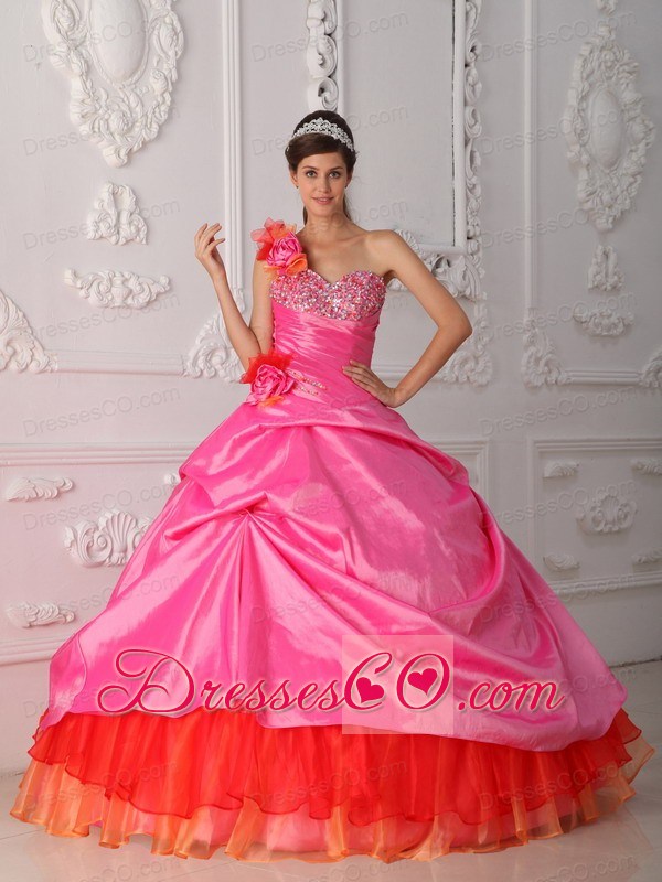Rose Pink Ball Gown One Shoulder Long Organza And Taffeta Beading And Hand Flower Quinceanera Dress