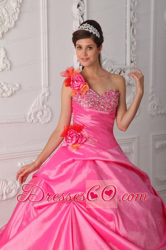 Rose Pink Ball Gown One Shoulder Long Organza And Taffeta Beading And Hand Flower Quinceanera Dress