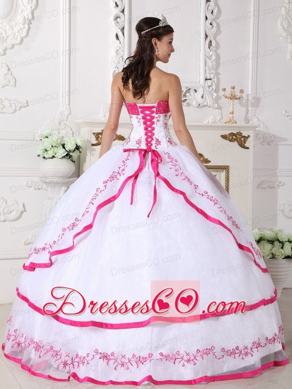 White And Hot Pink Ball Gown Strapless Long Organza Beading And Embroidery Quinceanera Dress