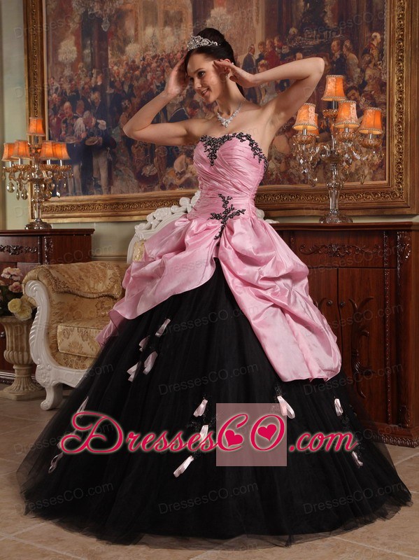 Rose Pink And Black Ball Gown Long Hand Flowers Tulle And Taffeta Quinceanera Dress