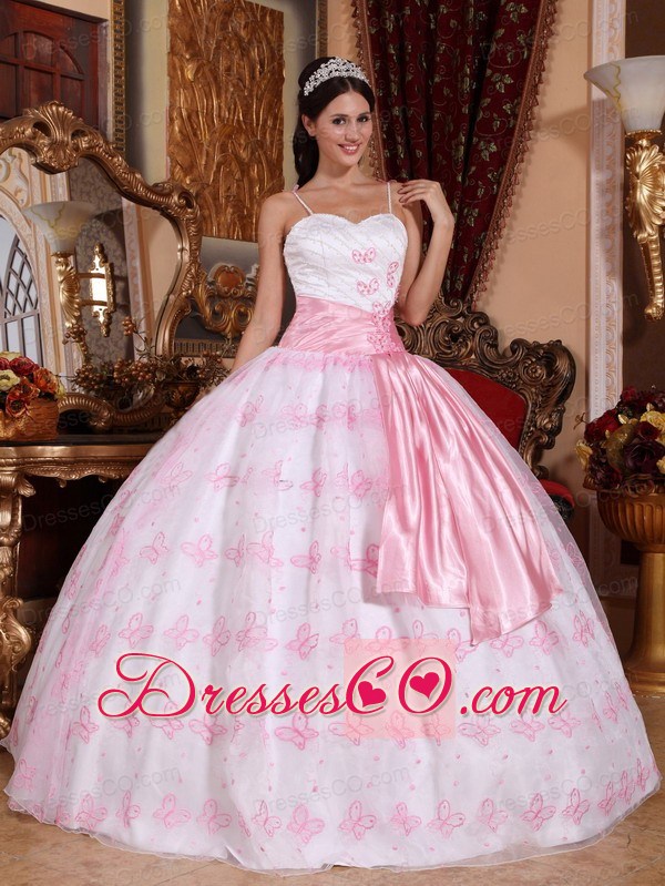 Light Pink Ball Gown Spaghetti Straps Long Organza Embroidery Quinceanera Dress