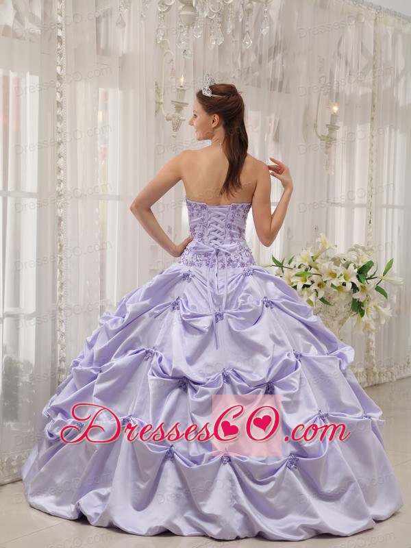 Lilac Ball Gown Strapless Long Taffeta Appliques Quinceanera Dress