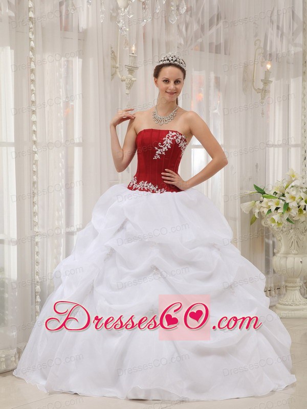 White And Wine Red Ball Gown Strapless Long Taffeta And Organza Appliques Quinceanera Dress