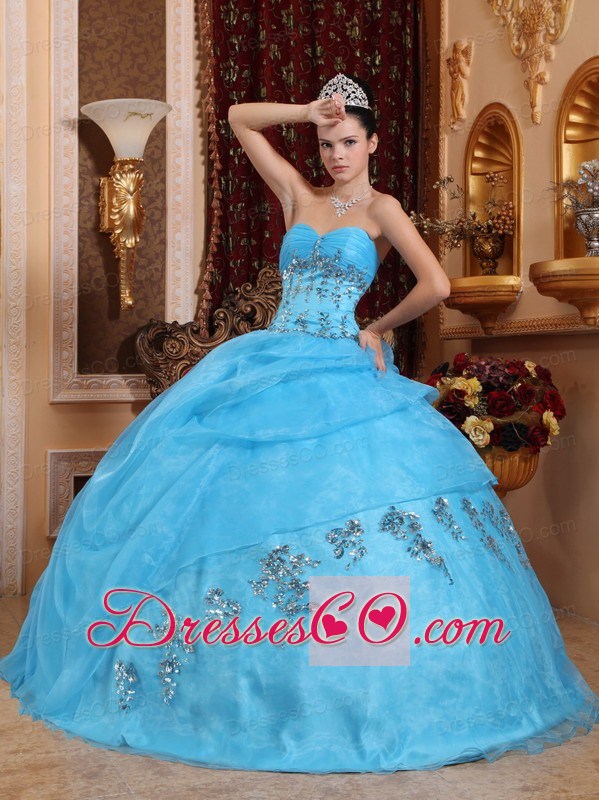 Aqua Blue Ball Gown Long Organza Beading Quinceanera Dress