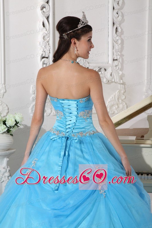 Aqua Blue Ball Gown Strapless Long Taffeta And Organza Appliques And Hand Made Flower Quinceanera Dress