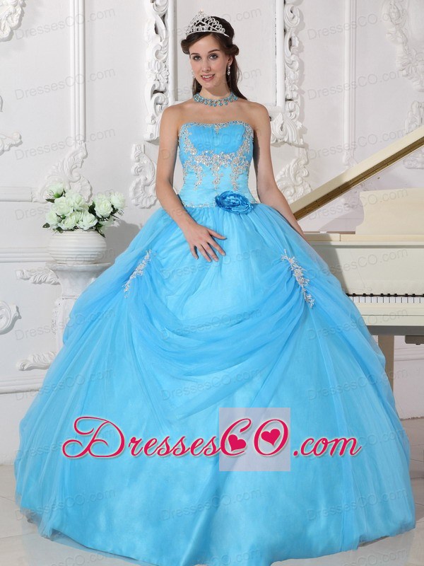 Aqua Blue Ball Gown Strapless Long Taffeta And Organza Appliques And Hand Made Flower Quinceanera Dress