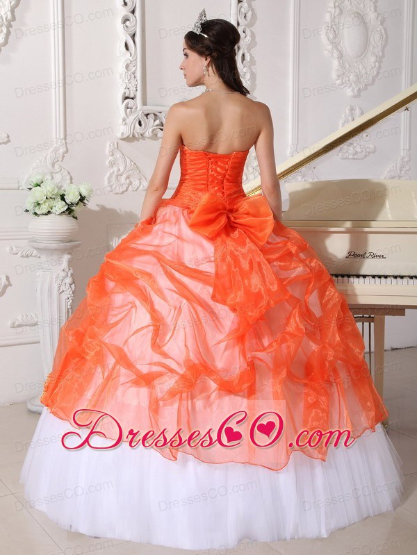Orange And White Ball Gown Strapless Long Taffeta And Organza Appliques Quinceanera Dress