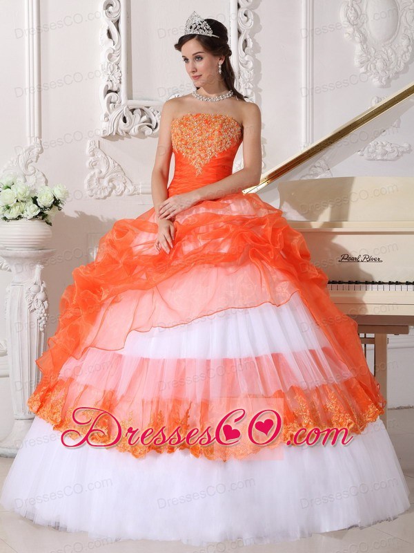 Orange And White Ball Gown Strapless Long Taffeta And Organza Appliques Quinceanera Dress