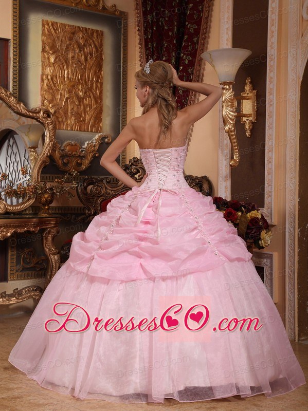 Baby Pink Ball Gown Strapless Long Organza Appliques Quinceanera Dress