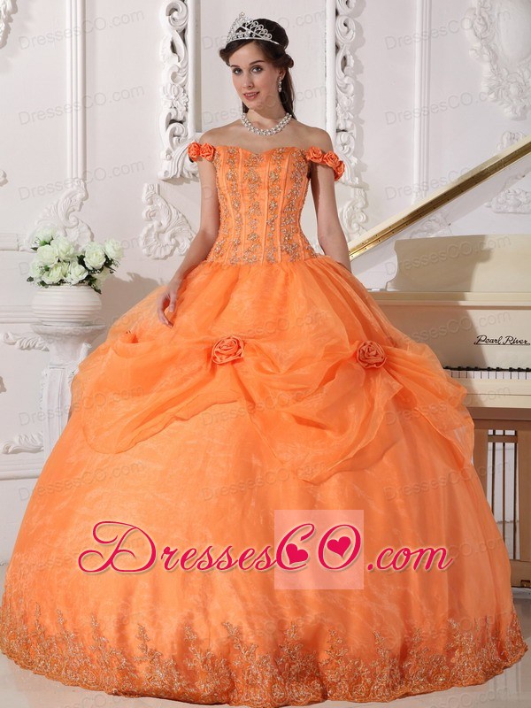 Orange Ball Gown Off The Shoulder Long Taffeta And Organza Appliques And Hand Made Flowers Quinceanera Dress