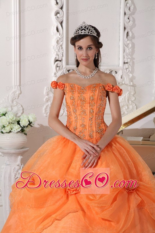 Orange Ball Gown Off The Shoulder Long Taffeta And Organza Appliques And Hand Made Flowers Quinceanera Dress