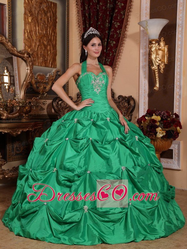 Green Ball Gown Halter Top Long Taffeta Appliques Quinceanera Dress