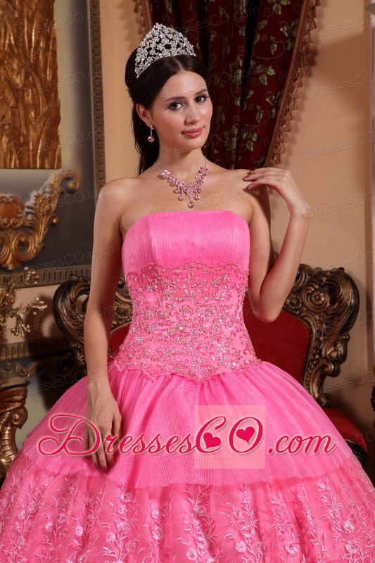 Pink Ball Gown Strapless Long Organza Lace Appliques Quinceanera Dress