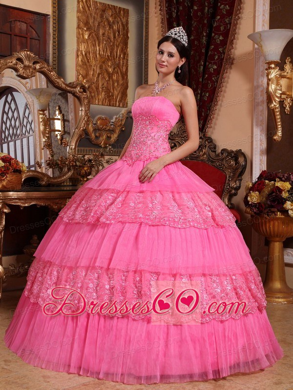 Pink Ball Gown Strapless Long Organza Lace Appliques Quinceanera Dress